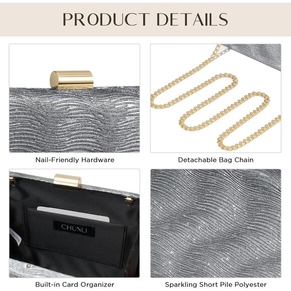 ⚡ Women's Detachable Chain Sparkly Evening Formal Parties Gray Clutch Bag - Picture 7 of 9